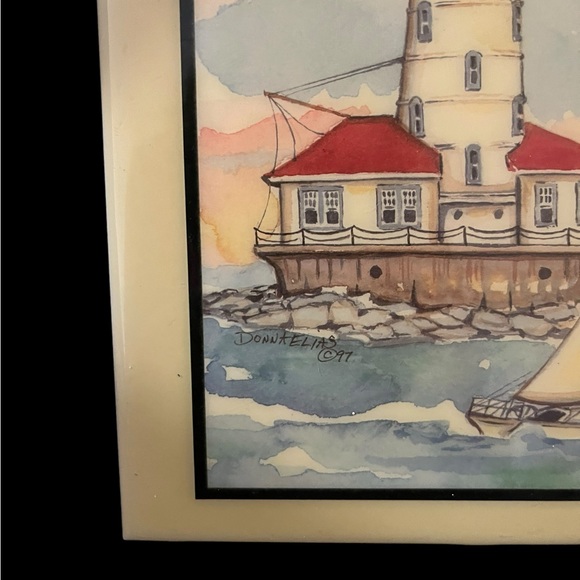 Vintage Donna Elias 1997 Lighthouse British Sailboat 8" x 8" Ceramic Tile Art - Picture 3 of 5